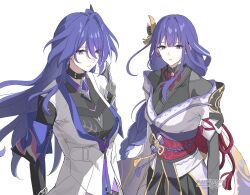  2girls absurdres acheron_(honkai:_star_rail) adapted_costume armor asiri_senpai black_choker black_shirt blue_pupils breasts choker closed_mouth coat color_connection commentary company_connection crossover earrings genshin_impact hair_ornament highres honkai:_star_rail honkai_(series) japanese_clothes jewelry kimono long_hair looking_at_viewer low-braided_long_hair low-tied_long_hair medium_breasts mihoyo mole mole_under_eye multicolored_hair multiple_girls purple_eyes purple_hair purple_kimono raiden_shogun sawashiro_miyuki shirt shoulder_armor simple_background streaked_hair twitter_username upper_body voice_actor_connection white_background white_coat 