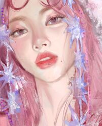  1girl 2024 asian heart heart-shaped_pupils highres long_hair looking_at_viewer open_mouth original pink_eyes pink_hair realistic red_lips solo symbol-shaped_pupils whoisluvme 
