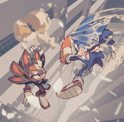 2boys animal_ears animal_nose black_fur blue_fur body_fur building closed_mouth dust dynamic_pose fighting fighting_in_air full_body gloves green_eyes grey_background hedgehog highres multicolored_fur multiple_boys red_eyes red_footwear red_fur shadow_the_hedgehog short_tail smile sonic_(series) sonic_the_hedgehog tail thslrrpwjd white_gloves rating:General score:0 user:danbooru