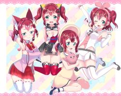 4girls :&gt; alternate_hairstyle animal animal_ears ankle_strap aqua_eyes arm_behind_back arm_warmers armpits bell bird black_footwear blush blush_stickers bonnet border bow bowtie candy cat_ears cleavage_cutout clothing_cutout commentary_request cosplay covering_breasts covering_privates d-pad d-pad_hair_ornament detached_sleeves dress food hair_ornament headband highres holding holding_animal holding_bird jingle_bell kaguya_luna kaguya_luna_(character) kaguya_luna_(character)_(cosplay) kemomimi_oukoku_kokuei_housou kizuna_ai kizuna_ai_(1st_costume) kizuna_ai_(cosplay) kizuna_ai_inc. kurosawa_ruby lace lace_border lollipop looking_at_viewer love_live! love_live!_sunshine!! mikoko_(kemomimi_oukoku_kokuei_housou) mikoko_(kemomimi_oukoku_kokuei_housou)_(cosplay) mochi_hiyo mochi_hiyo_(cosplay) multiple_girls multiple_persona ornate_border pleated_skirt red_hair red_neckwear red_skirt ribbon-trimmed_legwear ribbon_trim rinne_(mizunosato) sailor_collar skirt socks star_(symbol) star_symbol_background striped_background striped_bow striped_bowtie striped_clothes striped_neckwear the_moon_studio thighhighs twintails two_side_up v-shaped_eyebrows vertical_stripes virtual_youtuber white_legwear wrist_cuffs yellow_dress