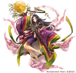  1girl antenna_hair armor bamboo bamboo_print barefoot black_eyes black_hair blunt_ends closed_mouth copyright_notice full_body full_moon green_halo hagiya_kaoru hagoromo halo halo_ornament hikimayu holding holding_staff japanese_clothes kaguya_(wonderland_wars) kimono layered_kimono long_hair long_sleeves looking_at_viewer moon obi official_art parted_bangs purple_kimono ribbon-trimmed_sleeves ribbon_trim sash shawl shoulder_armor sidelocks simple_background sleeves_past_fingers sleeves_past_wrists smile solo staff tassel very_long_hair white_background white_sash wonderland_wars 