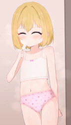  1girl absurdres blonde_hair blush bow bow_camisole camisole closed_eyes clothes_writing collarbone crotch_seam flat_chest food food_in_mouth heart heart_print highres holding holding_food holding_ice_cream holding_popsicle ice_cream loli looking_at_viewer midriff navel original panties pink_bow pink_panties popsicle popsicle_in_mouth print_panties shooko short_hair standing steam underwear white_camisole 