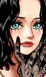  1girl black_hair blue_eyes close-up closed_mouth commentary eyelashes fingernails gloves highres jewelry long_fingernails looking_ahead makeup mascara medium_hair necklace original red_lips red_nails see-through_clothes see-through_gloves sherumaru_(korcht06) solo 