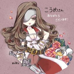  1girl armored_gloves artist_name bare_shoulders beatrix_(ff9) belt belt_buckle breasts brown_background brown_eyes brown_hair brown_pants buckle cleavage colored_eyelashes cowboy_shot cropped_legs curly_hair eyepatch falling_petals final_fantasy final_fantasy_ix fingerless_gloves flower gloves gold_trim hand_on_own_hip holding holding_sword holding_weapon long_hair loose_belt medium_breasts megsuri pants parted_lips petals red_flower red_petals red_rose rose solo sword vest weapon white_vest 