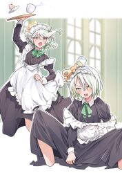  1girl absurdres airenif alternate_costume apron blurry blurry_background blush braid cecilia_immergreen collared_dress colored_inner_hair cup_on_head dress fallen_down frilled_apron frills green_eyes green_hair green_ribbon grey_hair hair_ornament highres holding holding_tray hololive hololive_english juliet_sleeves long_dress long_sleeves looking_at_viewer maid maid_apron maid_headdress multicolored_hair neck_ribbon open_mouth puffy_sleeves ribbon short_hair side_braid single_braid sitting skirt skirt_tug teeth tray upper_teeth_only v-shaped_eyebrows victorian_maid virtual_youtuber wet wet_hair white_apron winding_key 