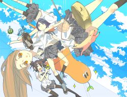  &gt;_&lt; 4girls afro_(kngotezo) basin bike_shorts black_hair black_legwear brown_hair building closed_eyes cloud creature dog folded_ponytail food fruit getsuyoubi_no_soratobu_orenji getsuyoubi_no_soratobu_orenji leash long_hair motor_vehicle motorcycle multiple_girls navel pleated_skirt rope school_uniform short_hair skirt socks upside-down vehicle watermelon yellow_eyes 
