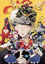  amagi_yukiko claws colored_skin flower game_43ice glowing glowing_eyes grey_eyes hanamura_yousuke highres kujikawa_rise kuma_(persona_4) mask monster multicolored_skin narukami_yu partially_shaded_face persona persona_4 pointing satonaka_chie shadow_chie shadow_kanji shadow_kuma shadow_naoto shadow_rise shadow_yousuke shadow_yukiko shirogane_naoto smile tatsumi_kanji upper_body 