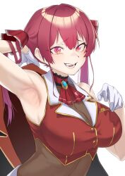  1girl arm_up armpit_focus armpits bare_shoulders breasts cleavage coat gloves hair_ribbon haishima_xv highres hololive houshou_marine large_breasts leotard leotard_under_clothes long_hair looking_at_viewer red_eyes red_hair red_shirt ribbon see-through_cleavage see-through_clothes see-through_leotard shirt simple_background smile solo teeth virtual_youtuber white_background white_gloves  rating:Sensitive score:22 user:anonymous868