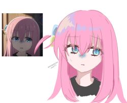  1girl ahoge anime_screenshot_inset blue_eyes bocchi_the_rock! cube_hair_ornament gotoh_hitori hair_ornament highres long_hair looking_to_the_side monokurosekai77 open_mouth pink_hair portrait simple_background solo wavy_mouth white_background 