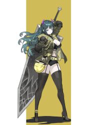  1girl absurdres arm_up arowana2111 black_boots black_gloves black_jacket black_shirt black_shorts black_thighhighs boots breasts cleavage commentary cropped_shirt demon_horns english_commentary fingerless_gloves full_body gloves green_background green_eyes green_hair green_jacket hand_on_own_hip high_heel_boots high_heels highres horns huge_weapon jacket long_hair looking_at_viewer open_clothes open_jacket original purple_horns shadow shirt shorts solo standing thigh_boots thigh_strap thighhighs weapon white_background 