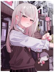  1girl absurdres asumi_sena bag blush border collared_shirt commentary grey_hair hair_ornament highres long_hair looking_at_viewer multicolored_hair outdoors outside_border payang pink_eyes pink_hair pink_nails shirt skirt solo streaked_hair sweater two-tone_hair virtual_youtuber vspo! white_border white_shirt 