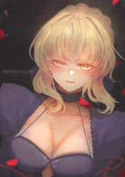  1girl absurdres artoria_pendragon_(fate) black_choker blonde_hair blue_bow blue_dress blush bow braid braided_bun breasts choker cleavage dress fate/stay_night fate_(series) hair_bow hair_bun highres large_breasts looking_at_viewer nningss open_mouth saber_alter solo upper_body yellow_eyes 