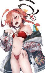  ! !! 1girl ahoge anger_vein beriko_(dotera_house) bikini black_halo blue_archive blush braid breasts earrings hair_between_eyes halo hand_on_own_hip highres huge_ahoge jacket jewelry loli long_sleeves looking_at_viewer looking_down mole mole_under_eye nail_polish navel neru_(blue_archive) off_shoulder open_clothes open_jacket open_mouth orange_hair print_jacket red_bikini red_eyes short_hair simple_background single_braid small_breasts solo spoken_anger_vein standing stomach stud_earrings sukajan swimsuit thighs white_background 