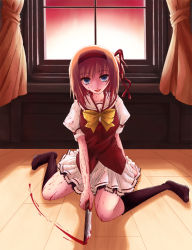  00s 1girl blood blood_on_clothes blood_on_face bloody_knife bloody_weapon brown_hair crazy crazy_eyes curtains female_focus fuyou_kaede grey_eyes hair_ribbon hairband kneehighs knife no_shoes ribbon ryo_(botugo) school_uniform shuffle! sitting socks solo wariza weapon window wooden_floor yandere  rating:Questionable score:12 user:danbooru