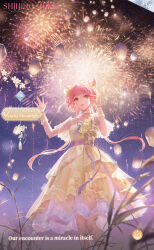  1girl adjusting_hair aerial_fireworks artist_request blunt_bangs bracelet branch brooch brown_eyes character_name choker collarbone copyright_name dot_nose dress earrings english_text eyelashes feet_out_of_frame fireworks floral_print flower flower_brooch flower_earrings flower_knot frilled_dress frills hair_flower hair_ornament hand_up happy highres jewelry lantern logo long_hair low_twintails medium_dress neck_flower night night_sky nikki_(nikki) nikki_(series) official_art open_mouth paper_lantern peach_blossom peachy_moonlight_(shining_nikki) pink_hair purple_ribbon ribbon second-party_source see-through_clothes see-through_sleeves shining_nikki short_sleeves single_stripe sky smile solo standing star_(sky) starry_sky striped_choker twintails very_long_hair waving wavy_hair white_flower white_sleeves wrist_cuffs yellow_choker yellow_dress yellow_flower yellow_wrist_cuffs 
