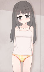  1girl black_eyes black_hair blush camisole collarbone crotch_seam embarrassed flat_chest lace-trimmed_camisole lace_trim loli long_hair looking_at_viewer open_mouth orange_panties original panties plaid_clothes plaid_panties shooko standing underwear white_camisole 