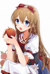  1girl :o absurdres apple blue_eyes blush bow braid brown_hair dress elbows_on_knees food fruit hair_between_eyes hair_bow hands_up highres holding holding_food holding_fruit idolmaster idolmaster_million_live! kousaka_umi long_hair looking_at_viewer nail_polish nnnn open_mouth puffy_short_sleeves puffy_sleeves red_bow red_nails short_sleeves simple_background solo twin_braids upper_body white_background 