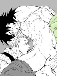  2boys abs ass back bare_pectorals black_hair black_vest blush broly_(dragon_ball_super) clenched_teeth closed_eyes clothes_pull cross_scar dragon_ball dragon_ball_super dragon_ball_super_broly facial_scar fellatio from_side fur_(clothing) gogeta green_fur grey_background greyscale hair_between_eyes hand_on_another&#039;s_ass irrumatio looking_at_another loose_hair_strand male_focus medium_hair metamoran_vest monochrome multiple_boys muscular muscular_male oral pants pants_pull partially_undressed pectorals penis_grab scar scar_on_cheek scar_on_chest scar_on_face scar_on_stomach short_hair sleeveless spiked_hair sweat tearing_up teeth topless_male vest yaoi 