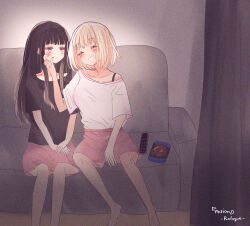  2girls arupaka5tuki black_hair black_shirt blonde_hair blush cheek_pinching closed_eyes closed_mouth commentary_request controller dvd_case english_text grin highres inoue_takina long_hair lycoris_recoil multiple_girls nishikigi_chisato pinching pink_shorts purple_eyes remote_control shirt short_hair short_sleeves shorts smile white_shirt yuri 