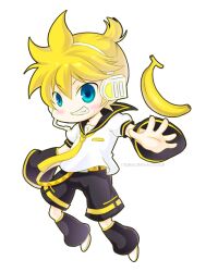  1boy banana black_sailor_collar black_shorts black_sleeves blonde_hair blue_eyes blush chibi chibi_only commentary crodire detached_sleeves food fruit full_body grin kagamine_len leg_warmers looking_at_viewer male_focus necktie sailor_collar shirt shoes short_sleeves shorts simple_background smile solo transparent_background vocaloid watermark web_address white_shirt white_shoes yellow_necktie 