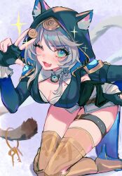  1girl ;o animal_ears animal_hood belt black_gloves black_leotard blue_eyes boots breasts cat_ears cat_girl cat_hood cat_tail cipher_(honkai:_star_rail) cleavage coin fang fingerless_gloves gloves gold_boots gold_coin grey_background grey_hair hashtag-only_commentary highres holding holding_coin holding_key holding_with_tail honkai:_star_rail honkai_(series) hood hooded_leotard key large_breasts leotard looking_at_viewer mole mole_on_breast one_eye_closed prehensile_tail simple_background skin_fang solo starlight_i_plz tail thigh_belt thigh_boots thigh_strap thighs 