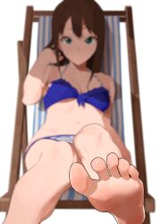  1girl absurdres bare_legs barefoot beach_chair bikini blue_bikini blurry blurry_background breasts collarbone commentary_request earrings feet foot_focus foreshortening garuku1120 green_eyes highres idolmaster idolmaster_cinderella_girls jewelry leg_up long_hair looking_at_viewer medium_breasts navel presenting_foot shibuya_rin simple_background sitting soles solo stomach straight_hair stud_earrings swimsuit toes tucking_hair white_background 