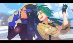  2girls black_gloves black_necktie blue_eyes blue_gloves blue_sky bright_pupils brown_shirt cloud commentary_request dark-skinned_female dark_skin day eyelashes geeta_(pokemon) gloves green_hair index_finger_raised letterboxed logi_bunbukucha long_hair long_sleeves looking_back multiple_girls necktie nintendo pokemon pokemon_sv ponytail red_eyes rika_(pokemon) shirt sky smile sparkle teeth upper_body white_pupils yellow_pupils 