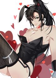  1boy absurdres alternate_costume animal_ears arm_support ass bare_shoulders black_choker black_eyes black_hair black_leotard black_thighhighs choker closed_mouth collarbone commentary crossdressing english_commentary fake_animal_ears feet_out_of_frame fishnet_thighhighs fishnets garter_straps hair_tie heart heart_background heart_choker high_ponytail highres jujeop knees_up leaning_back leotard long_hair looking_at_viewer male_focus male_playboy_bunny modao_zushi pectoral_cleavage pectorals playboy_bunny ponytail rabbit_ears ribbon sidelocks simple_background sitting smile solo strapless strapless_leotard thighhighs thighs trap wei_wuxian white_background wrist_cuffs 