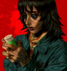  1girl anya_(mouthwashing) black_hair bottle commentary crying hashtag-only_commentary holding holding_bottle longwandb medium_hair mouthwashing pixelated portrait profile raised_inner_eyebrows red_background shirt solo splatter_background striped_clothes striped_shirt tearing_up 
