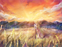  1boy 1girl argyle_clothes artist_request black_pants blonde_hair brown_hair casual closed_eyes cloud dress game_cg golden_hour hug katawa_shoujo long_hair mountainous_horizon nakai_hisao non-web_source official_alternate_costume official_art orange_sky outdoors pants ponytail satou_lilly scenery shirt short_hair short_sleeves sky standing wheat_field windmill 