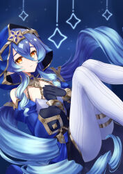  1girl absurdres bare_shoulders black_gloves blue_hair blue_hood blue_sleeves bracelet detached_sleeves drill_hair drill_sidelocks genshin_impact gloves gold_bracelet gold_trim hair_between_eyes highres jewelry layla_(genshin_impact) long_hair long_sleeves looking_at_viewer mutumumu neck_ring own_hands_together pantyhose pointy_ears puffy_long_sleeves puffy_sleeves sidelocks solo star_(symbol) thigh_strap twintails very_long_hair white_pantyhose yellow_eyes 