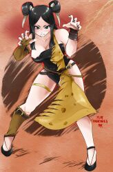  absurdres animal_print arms_up belt black_hair breasts cleavage fairy_tail flatpancakesjim hair_ornament highres large_breasts looking_at_viewer loose_belt minerva_orlando revealing_clothes sabretooth_tiger torn_clothes 