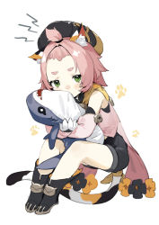 1girl absurdres animal_ear_fluff animal_ears bangs_pinned_back black_boots black_shorts blush boots cat_ears cat_girl cat_tail diona_(genshin_impact) genshin_impact gloves green_eyes hat highres holding holding_stuffed_toy ikea_shark long_sleeves paw_print paw_print_background pink_hair sh_(shinh) short_eyebrows short_hair shorts sitting solo stuffed_animal stuffed_shark stuffed_toy tail rating:Sensitive score:20 user:danbooru