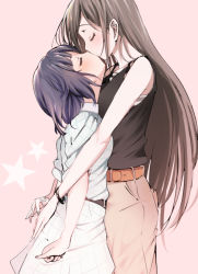  1girl 80mph bang_dream! bare_arms belt black_belt blue_dress blue_hair bob_cut bracelet brown_belt brown_hair closed_eyes dress fingernails hair_between_eyes hanazono_tae hug jewelry kiss light_blush long_hair pants pink_background pocket shirt shirt_tucked_in short_hair sidelocks size_difference sleeveless sleeveless_shirt standing ushigome_rimi very_long_hair yuri  rating:General score:29 user:borgo42