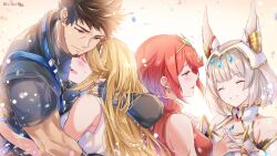  1girl blonde_hair highres husband_and_wives multiple_girls mythra_(xenoblade) nia_(xenoblade) pyra_(xenoblade) red_hair rex_(xenoblade) ui_frara xenoblade_chronicles_(series) xenoblade_chronicles_2 xenoblade_chronicles_3 