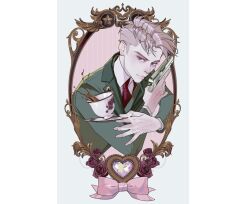  1boy blonde_hair blue_eyes bow closed_mouth colette_(lettiebobettie) collared_shirt commentary cup english_commentary formal_clothes green_suit gun highres holding holding_gun holding_weapon male_focus necktie pink_bow shirt solo spy_x_family suit twilight_(spy_x_family) undercut upper_body weapon 
