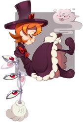  1girl absurdres blush bow bowtie cigar closed_eyes cyborg dress frilled_dress frills from_side full_body gloves grey_background hat highres luxey_san orange_hair peacock_(skullgirls) short_hair skullgirls smile smoke solo top_hat 