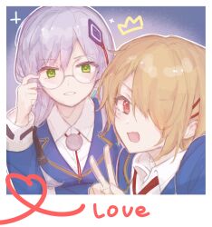  2girls blonde_hair blue_jacket glasses green_eyes grey_hair hair_ornament hair_over_one_eye hair_over_shoulder hairclip heaven_burns_red highres izumi_yuki_(heaven_burns_red) jacket kayamori_ruka long_hair long_sleeves low-tied_long_hair multiple_girls necktie one_eye_covered open_mouth red_eyes red_necktie round_eyewear scorpio95715391 shirt short_hair v white_shirt yuri 