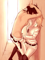 2girls against_wall back bad_id bad_tumblr_id bare_back belt blonde_hair boots breasts cleavage clothes_pull fingering hand_in_pants kiss knee_boots krista_lenz medium_breasts monochrome multiple_girls no_panties open_belt open_fly pants pants_pull pulling_another&#039;s_clothes sepia shingeki_no_kyojin short_hair sideboob source_request topless_female trembling undressing unzipped valdgeist ymir_(shingeki_no_kyojin) yuri rating:Questionable score:167 user:danbooru