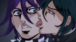  2boys absurdres araki_hirohiko_(style) bruno_bucciarati danganronpa_(series) danganronpa_v3:_killing_harmony derivative_work giorno_giovanna highres jojo_no_kimyou_na_bouken licking male_focus comic_panel_redraw multiple_boys oma_kokichi parody saihara_shuichi the_taste_of_a_liar vento_aureo 