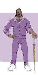 10ttruck 1boy black_hair collarbone commentary_request dark-skinned_male dark_skin facial_hair full_body glasses hand_on_own_hip highres jacket long_sleeves lycoris_recoil male_focus mika_(lycoris_recoil) mustache pants purple_jacket purple_pants shinai shoes solo standing sword weapon white_shoes 
