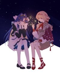  2girls absurdres ankle_ribbon apron ballet_slippers black_dress black_hairband black_shoes blonde_hair blue_eyes blue_hair braid braided_bangs brown_dress colored_inner_hair dress fireworks frilled_apron frills full_body hair_intakes hair_ribbon hairband hand_on_own_knee hand_up hands_on_own_cheeks hands_on_own_face hands_up head_rest highres index_finger_raised invisible_chair kiperina leg_ribbon leg_tattoo long_hair looking_at_another low_ponytail mary_janes meeeeei multicolored_hair multiple_girls pantyhose ponytail profile red_ribbon red_shoes reverse:1999 ribbon school_uniform shoes short_dress sitting smile soviet_school_uniform star_(sky) starry_sky_background tattoo voyager_(reverse:1999) white_apron white_pantyhose 