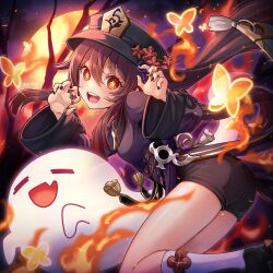 1girl :d ass black_coat black_footwear black_hat black_nails black_shorts boo_tao_(genshin_impact) bright_pupils brown_hair coat coattails flower flower-shaped_pupils genshin_impact ghost hair_between_eyes hat hat_flower hat_tassel highres hu_tao_(genshin_impact) jewelry light_blush long_hair long_sleeves looking_at_viewer moruo_(mo_mr3) multiple_rings open_mouth orange_eyes ring shorts smile socks solo symbol-shaped_pupils teeth twintails upper_teeth_only white_pupils white_socks rating:Sensitive score:11 user:danbooru