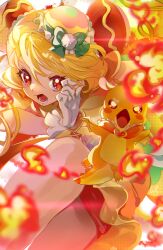  1girl aqua_bow bag_bow blonde_hair blue_bag bow bowtie brooch bun_cover cross-laced_clothes cross-laced_top cure_yum-yum delicious_party_precure double_bun dragon eyelashes feet_out_of_frame fighting fire food-themed_hair_ornament gloves hair_between_eyes hair_bun hair_ornament hanamichi_ran hat hat_bow heart heart_brooch highres jewelry long_hair lower_teeth_only magical_girl mem-mem_(precure) miniskirt open_mouth orange_brooch pink_bow pleated_skirt pom_pom_hat_ornament precure red_eyes red_shorts shipu_(gassyumaron) shorts shorts_under_skirt single_stripe skirt small_dragon striped_bow swept_bangs tareme teeth two-tone_bag waist_bag white_background white_bag white_gloves yellow_bow yellow_bowtie yellow_skirt 