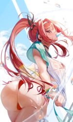  1girl absurdres ass bikini bikini_under_clothes black_ribbon blue_sleeves bracelet breasts curvy food food_in_mouth food_on_face goddess_of_victory:_nikke hair_intakes hair_ribbon hairband highleg highleg_bikini highres huge_ass huge_breasts ice_cream jewelry long_hair looking_at_viewer looking_back micro_bikini multiple_bracelets ponytail popsicle popsicle_in_mouth rapi_(nikke) rapi_(red_hood)_(nikke) rapi_(red_hood)_(red_flavor)_(nikke) red_bikini red_eyes red_hair ribbon shiny_skin shirt short_sleeves side-tie_bikini_bottom solo swimsuit t-shirt thong thong_bikini white_hairband white_shirt wide_hips yujeuuz 