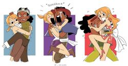  1boy 1girl bikini bikini_top_only breast_press carrying carrying_person ceceru dark-skinned_male dark_skin hat holding holding_hands hug legs long_hair looking_at_viewer nami_(one_piece) nami_(one_piece)_(skypiea) nami_(one_piece)_(thriller_bark) nami_(one_piece)_(wano) one_piece open_mouth orange_hair ponytail tattoo tears usopp  rating:Sensitive score:0 user:Mr._Jive