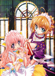  absurdres animal_ears bell blonde_hair cat_ears collar elf fang highres long_hair maid pink_hair pointy_ears short_hair sugiyama_genshou  rating:Sensitive score:3 user:Tekrelious
