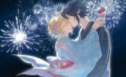  2boys absurdres alternate_costume aotu_world artist_name black_hair black_kimono blonde_hair blue_kimono candy_apple chinese_commentary closed_eyes couple crossdressing dated fireworks floral_print flower food hair_between_eyes hair_flower hair_ornament highres holding holding_candy_apple hug japanese_clothes kimono king_(aotu_world) kiss kissing_cheek long_sleeves male_focus multiple_boys night night_sky obi parted_lips pink_flower plutoray pointy_ears ray_(aotu_world) sash short_hair sky smile spiked_hair star_(sky) upper_body watermark wide_sleeves yaoi yukata 