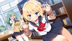  2girls :o ahoge angry arm_warmers black_sailor_collar black_skirt blue_eyes blunt_bangs blush book bookshelf bow bowtie braid brown_arm_warmers buttons claw_pose clenched_teeth cowboy_shot day dutch_angle embarrassed eyes_visible_through_hair game_cg green_hair hair_bow hair_rings hands_up highres indoors inuya_komaru long_hair looking_at_viewer medium_hair miniskirt multiple_girls nose_blush official_art paw_print pleated_skirt promotional_art red_bow red_bowtie ren&#039;ai_hajimemashite ribbon sacraneco sailor_collar school_uniform serafuku sharp_teeth shirt shizuka_sachi short_sleeves skirt straight_hair sweatdrop sweater_vest swept_bangs teeth thighhighs twin_braids v-shaped_eyebrows white_ribbon white_shirt white_thighhighs window yellow_sweater_vest zettai_ryouiki 