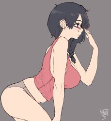  1girl arching_back ass belly braid braided_ponytail breasts clothes_lift cowboy_shot curvy earrings from_side glasses hand_on_glasses highres jewelry large_breasts leaning_forward midriff norman_maggot original panties plump shirt simple_background solo standing stephanie_(norman_maggot) underwear  rating:General score:76 user:nightgadget